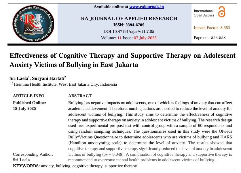 Effectiveness of Cognitive Therapy and Supportive Therapy on Adolescent Anxiety Victims of Bullying in East Jakarta 