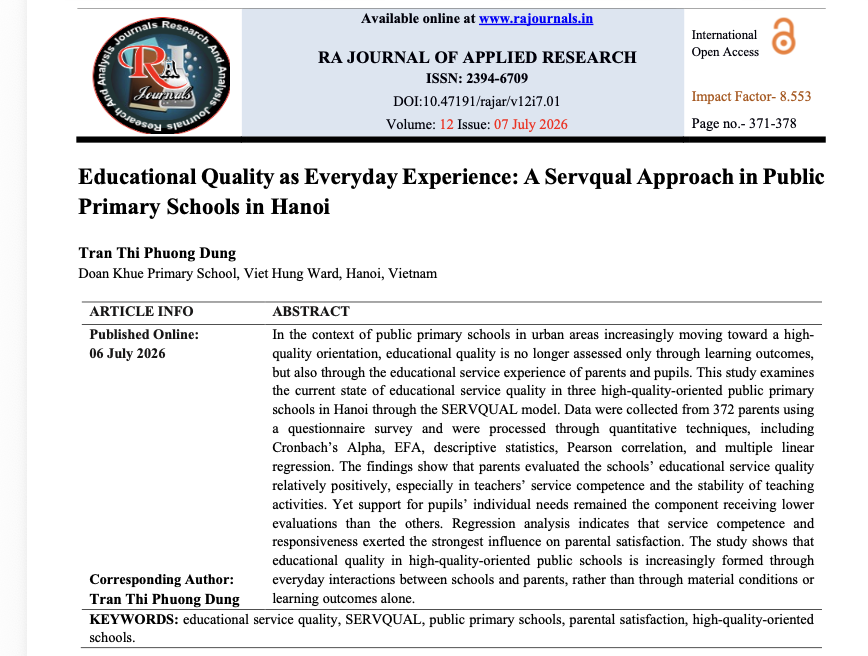  Educational Quality as Everyday Experience: A Servqual Approach in Public Primary Schools in Hanoi 